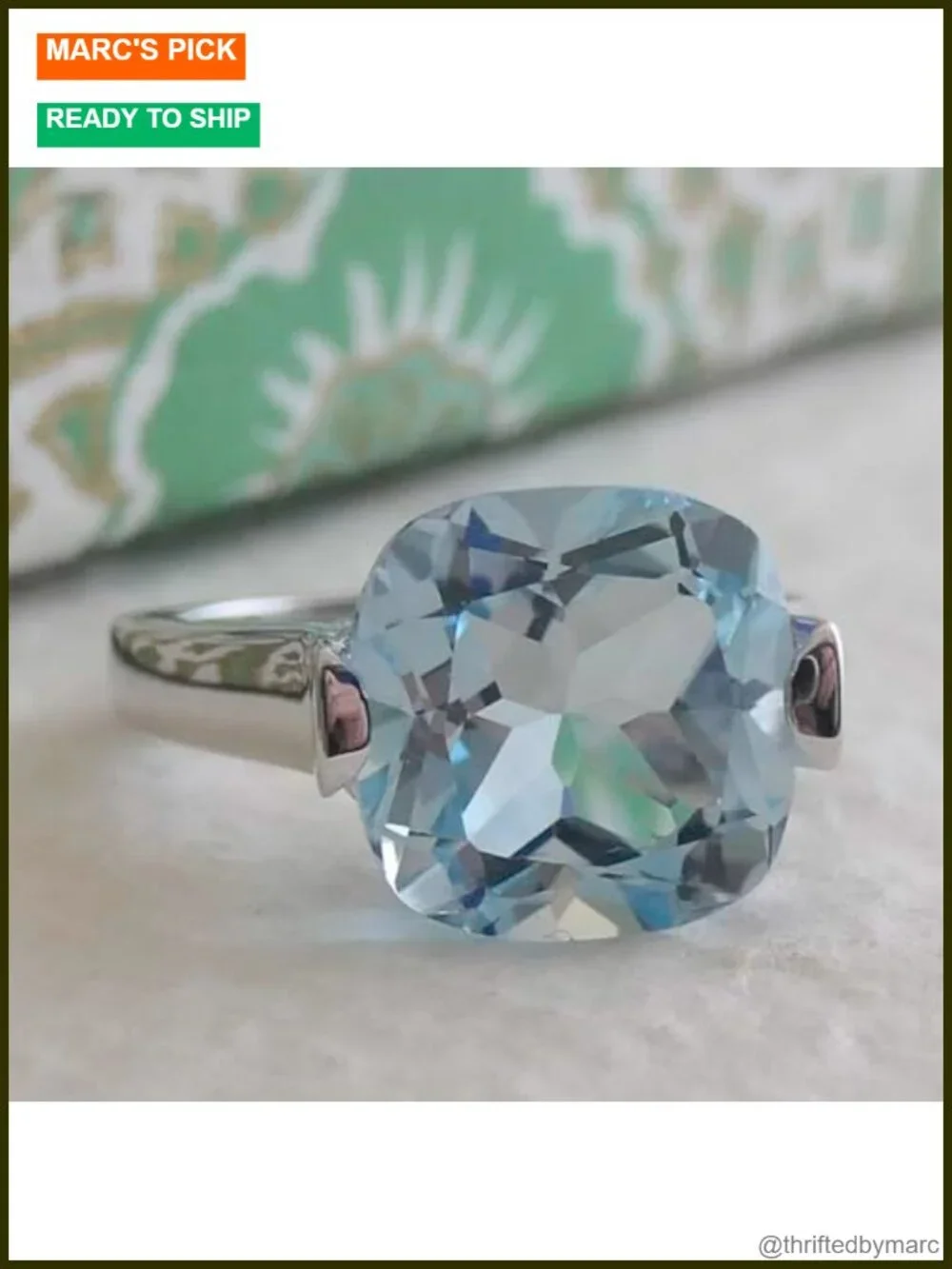 12mm Blue Topaz Cushion Cut Statement Ring 925 Solid Sterling Silver